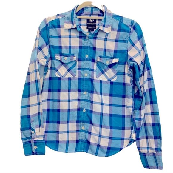American Eagle Outfitters Tops - American Eagle Outfitters Blue/White Long Sleeve Button-Down Shirt Size Small S